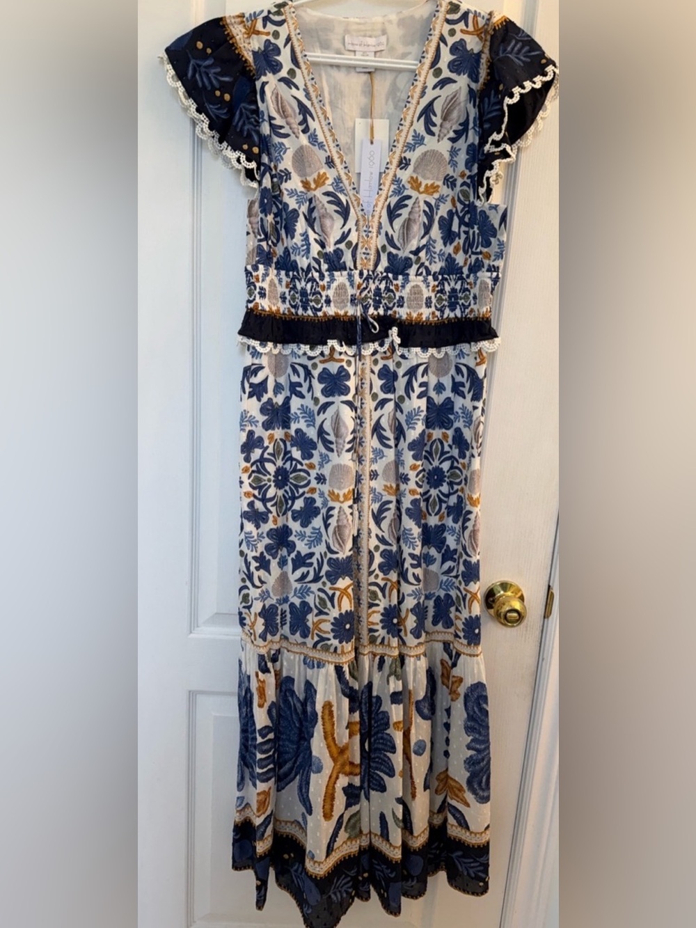House of Harlow 1960 Blue, Cotton Cream & Gold Floral Maxi Dress